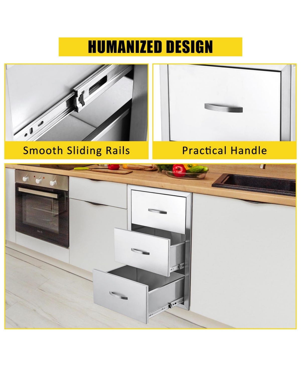 gaomon 17W x 21D x 30H Inch Outdoor Kitchen Drawers, Paper Towel Holder, Triple Stainless Steel Bbq Drawers, Grill Station