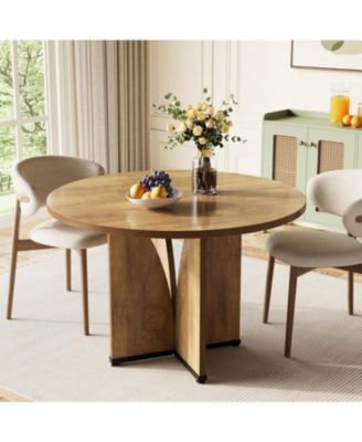 39.37-Inch Round Dining Table for 4 People, Farmhouse Kitchen Dinner Table with Wooden Tabletop and Legs