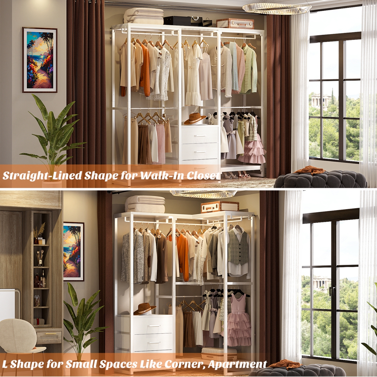 Aheaplus Heavy Duty Closet Rack with 5 Hanging Rods & 3 Fabric Drawers, Reversible Garment Rack with Shelves for Closet/Bedroom