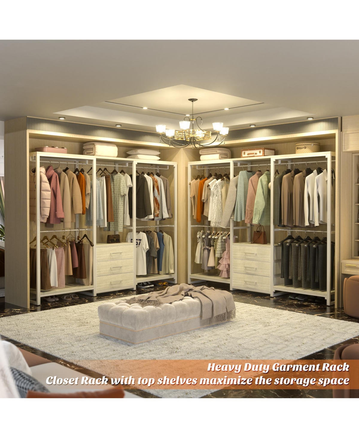 Aheaplus Heavy Duty Closet Rack with 5 Hanging Rods & 3 Fabric Drawers, Reversible Garment Shelves for Closet/Bedroom