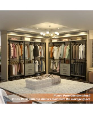 Heavy Duty Closet Rack with 5 Hanging Rods & 3 Fabric Drawers, Reversible Garment Rack with Shelves for Closet/Bedroom