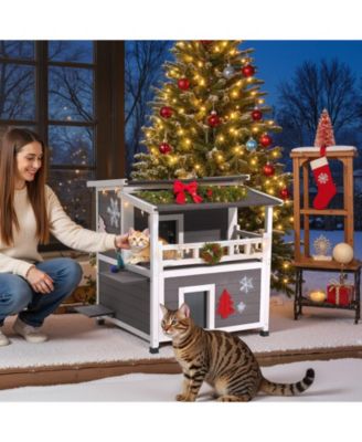 Insulated 2-Story Wooden Outdoor Cat House with Balcony, 33