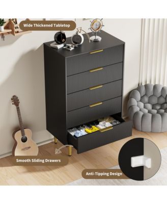 Modern Fluted Drawer Dresser Wood Chest of Drawers with Metal Handles and Legs, Storage Organizer Cabinet