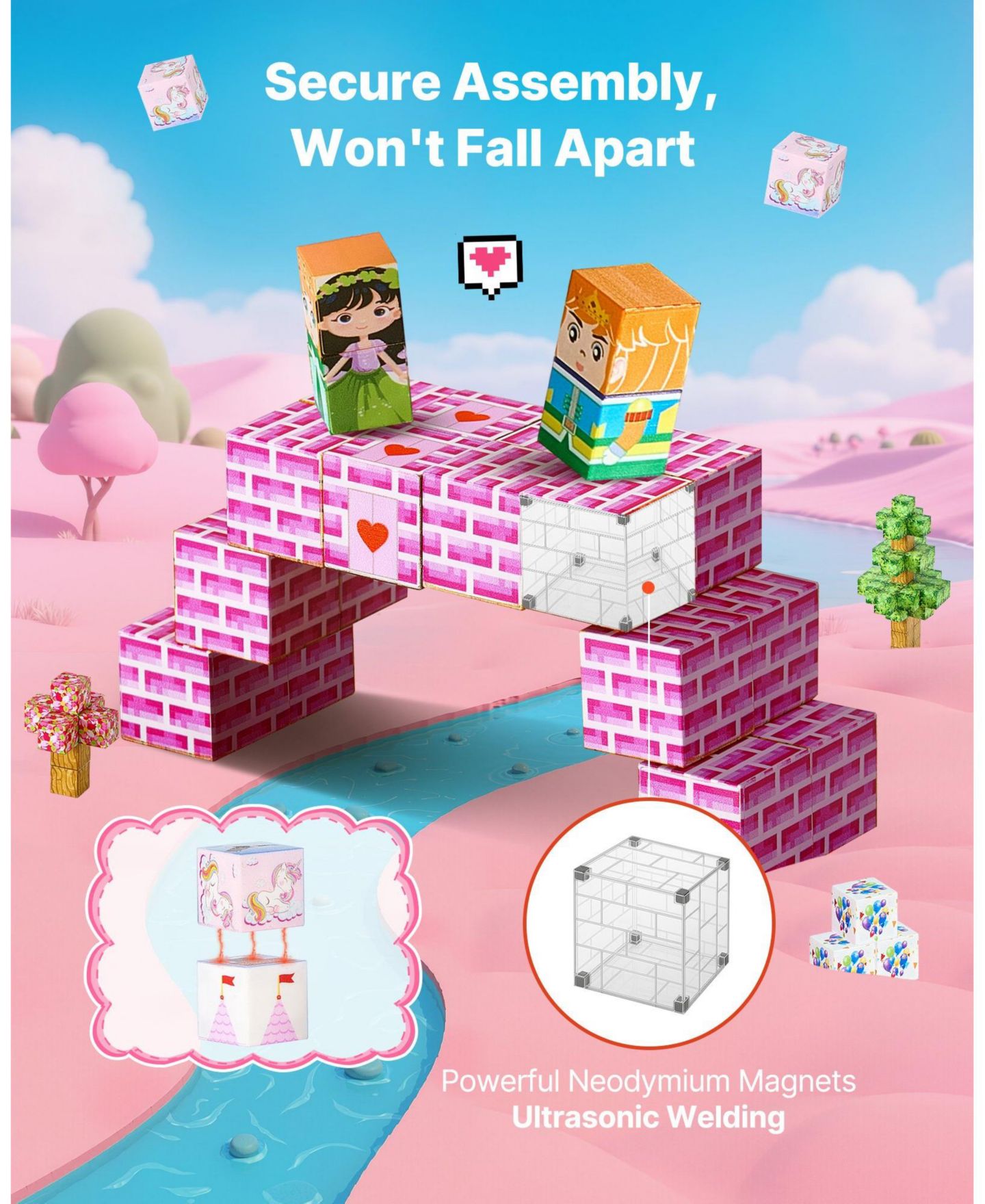 Детский конструктор Mecale Princess Castle 100-Piece Magnetic Building Set, Ages 3+, цвет: Розовый — фото 5