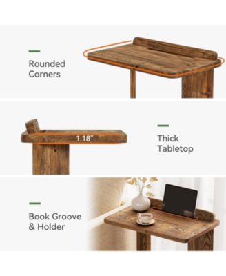 Solid Wood C-Shaped End Table, Farmhouse Wooden Side Table with Book Groove & Holder, 2-Tier Bedside Nightstand