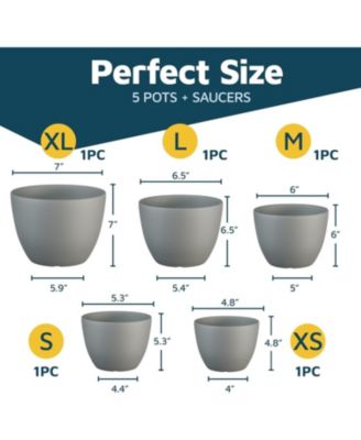 Planter Pots with Drainage Holes, Lightweight, Durable & Space-Saving Indoor & Outdoor Plastic Planters, Modern Design, Set of 5, Gray