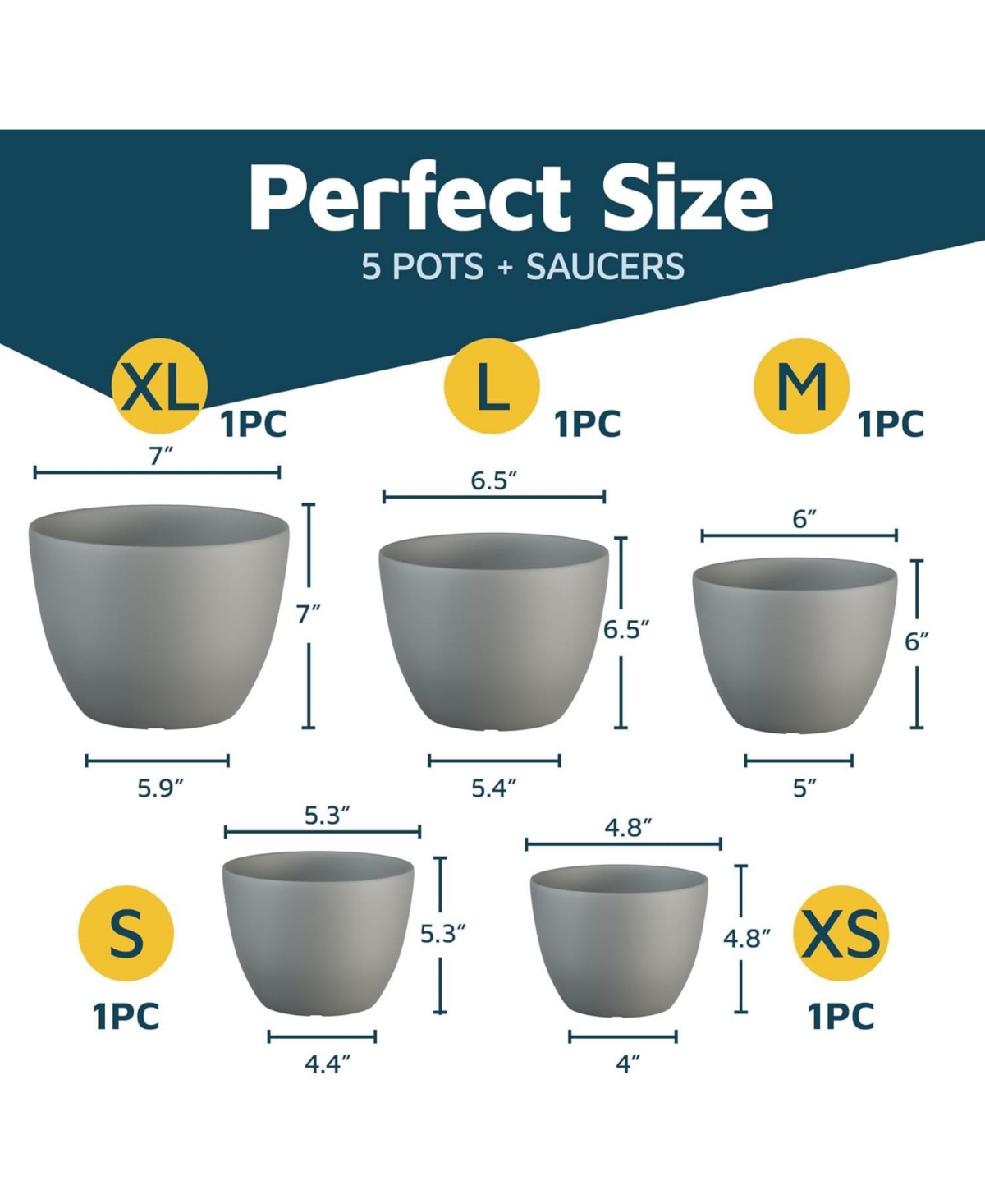 Lifemaster Planter Pots with Drainage Holes, Lightweight, Durable & Space-Saving Indoor & Outdoor Plastic Planters, Modern Design, Set of 5, Gray