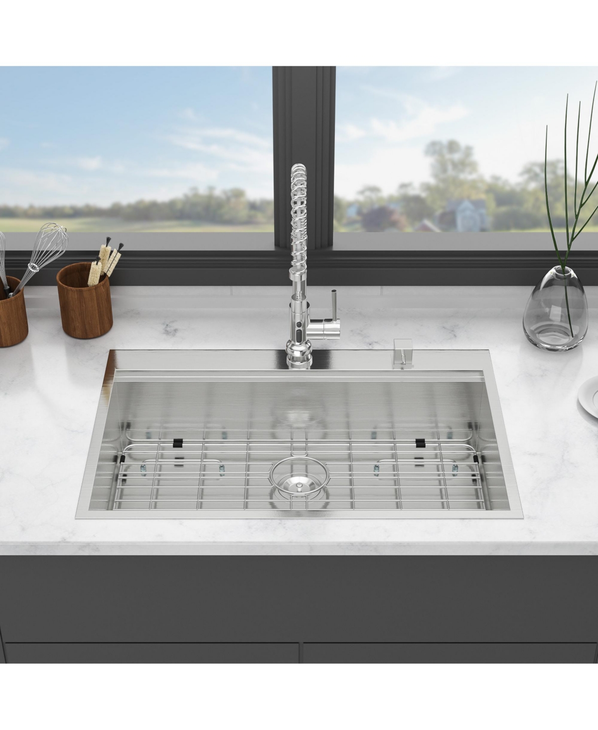 flynama 33x22x9inch 16 Gauge T304 Stainless Steel Drop In Topmount Single Bowl Ledge Workstation Kitchen Sink with Full Accessories