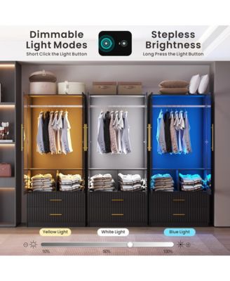 70.8" Modern Wardrobe Armoire with LED Glass Doors, Motion Sensor, 2 Drawers & Hanging Rod