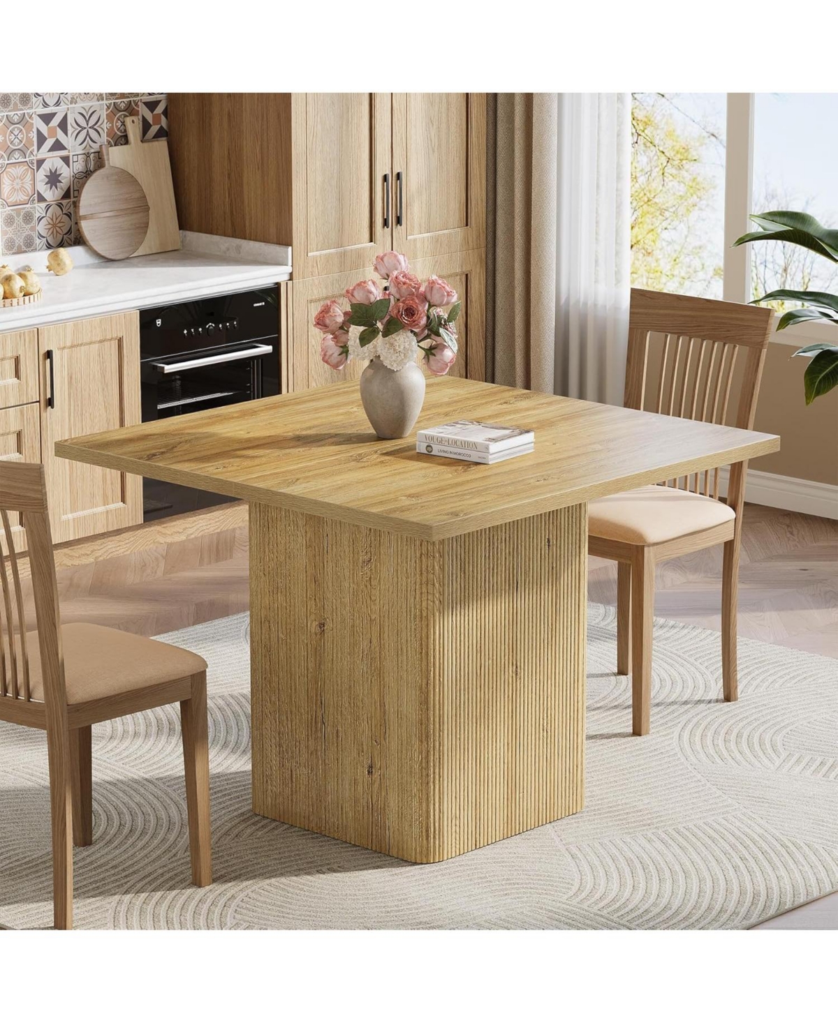 Tribesigns 39-Inch Square Dining Table for 4, Small Fluted Kitchen Table with Pedestal Base, Farmhouse Style, Natural