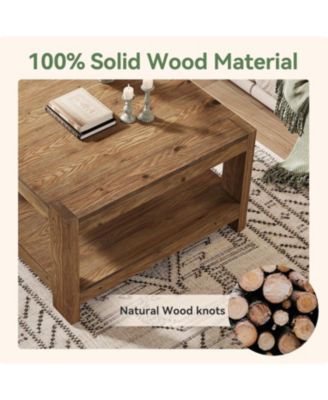 31.5" Square Solid Wood Coffee Table, 2-Tier Farmhouse Center Table for Living Room & Office, Rustic Brown