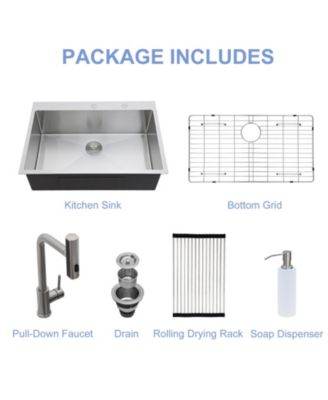 16-Gauge Stainless Steel Drop-In Kitchen Sink with Pull-Out Faucet, Single Bowl, 30" x 22" x 10"