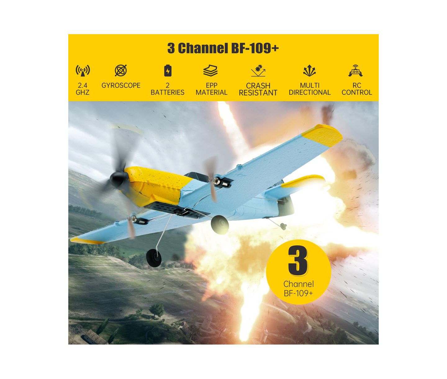 Детская игрушка Bruce & Shark Bf-109 6-Axis Gyro Stabilization Remote Control Plane with 2 Batteries, цвет: Жёлтый — фото 2