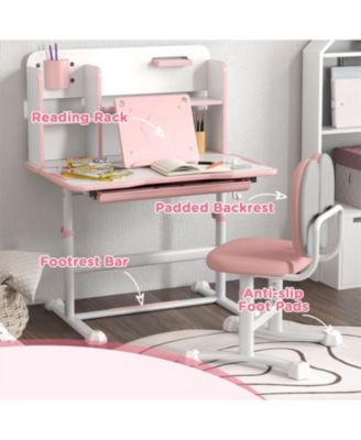 Kids Desk and Chair Set Height Adjustable Study Desk with Tilt Desktop Storage Drawer Reading Rack for Writing Reading Drawing Pink