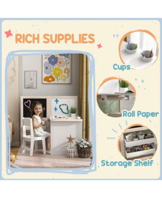 Kids Table and Chair Set 3 in 1 Art Table with Storage Shelves Foldable Blackboard Whiteboard Roll Paper for Kids 3-8 Years White
