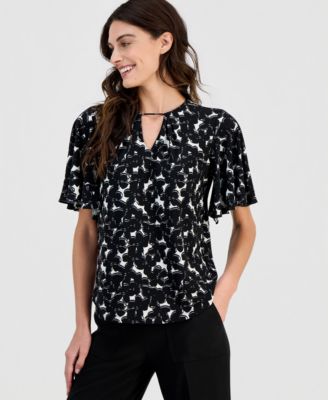 Women's Cutout-Neck Flutter-Sleeve Top