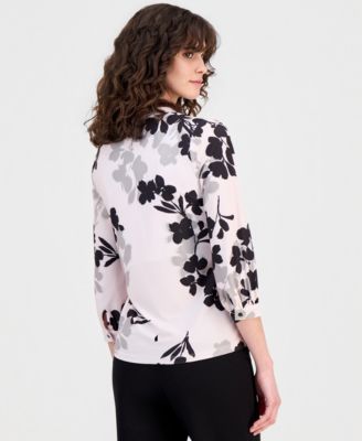 Women's 3/4 Sleeve Floral-Print Twisted-Front V-Neck Top