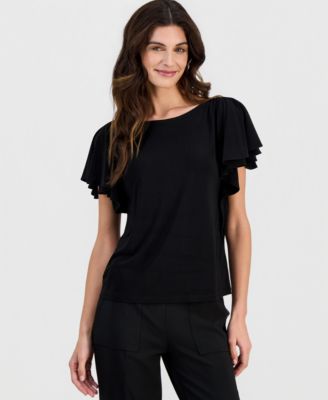 Women's Crewneck Cascade-Flutter-Sleeve Top