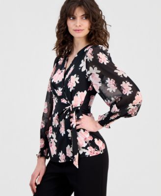 Women's Floral-Print Smocked-Cuff Wrap Top