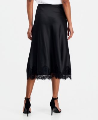 Women's Lace-Trim Midi Satin Skirt, Regular & Petite