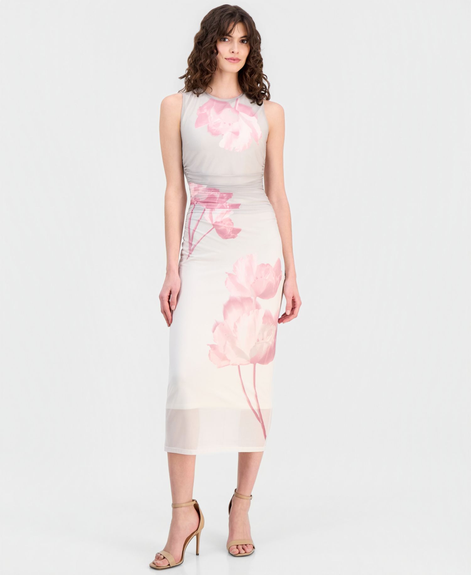 Women's Mesh Floral-Print Ruched-Waist Midi Dress