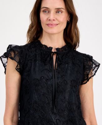Women's Ruffled-Sleeve Tie-Front Lace Top