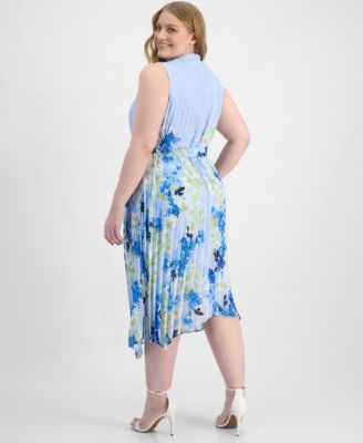 Plus Size Printed Pleated Sleeveless Midi Dress