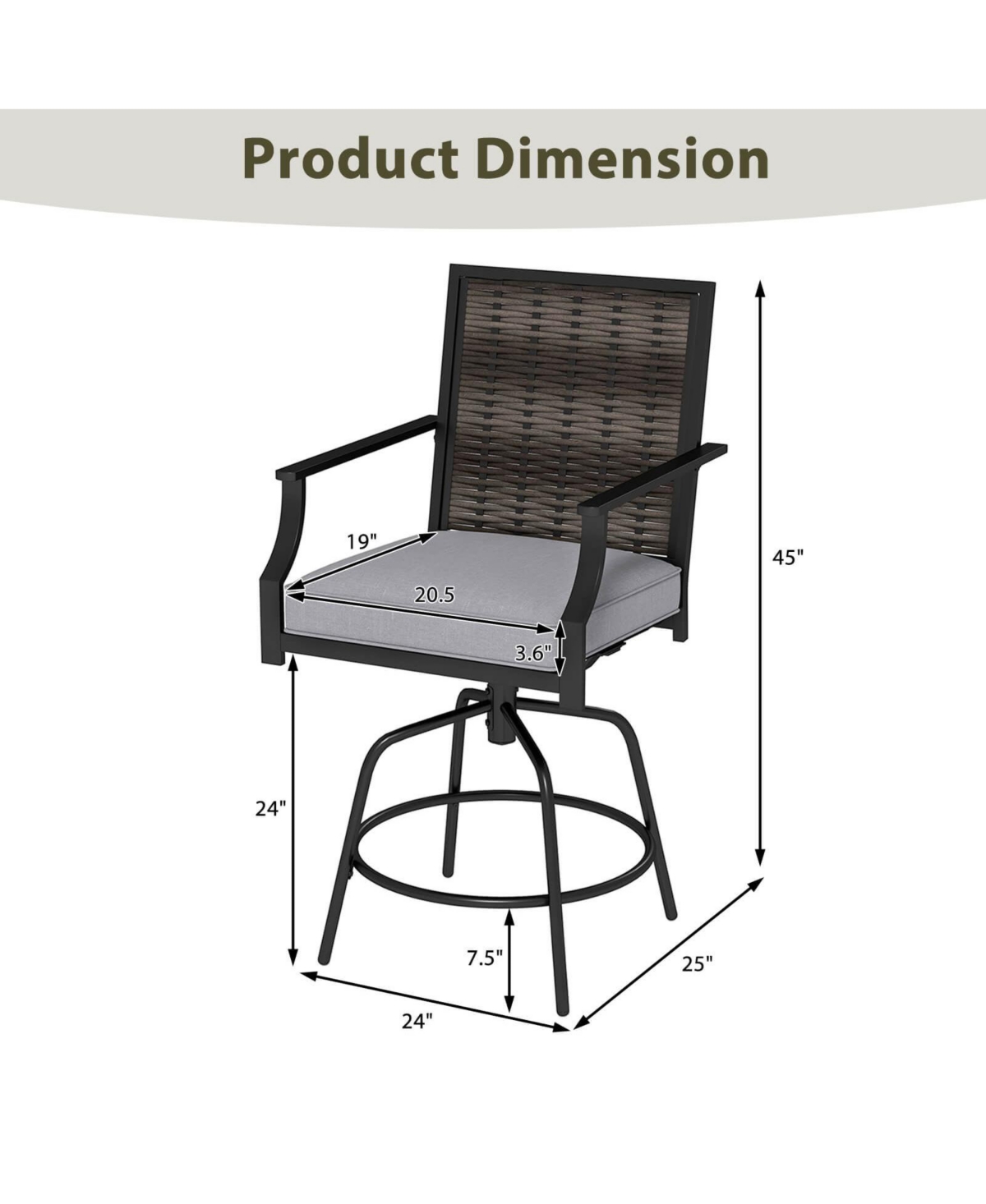 Costway Outdoor Pe Wicker Swivel Bar Stools with Back Armrests Cushion