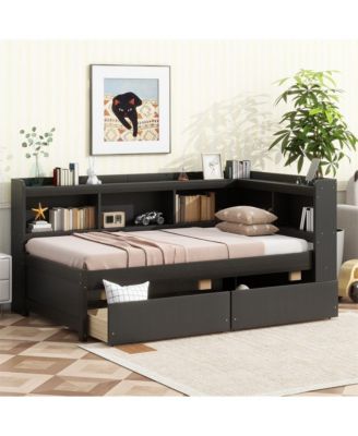 Twin L-Shaped Bookcase Bed 2 Storage Drawers, Space-Saving Study Bed