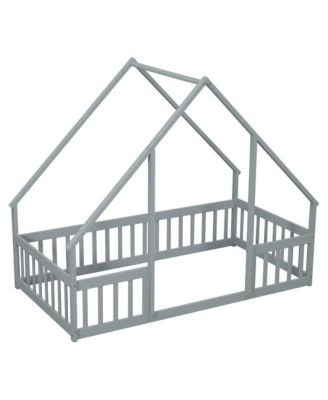 Twin Wood House-Shaped Floor Bed with Safety Fence & Roof Frame Kids Bed for Bedroom Playroom
