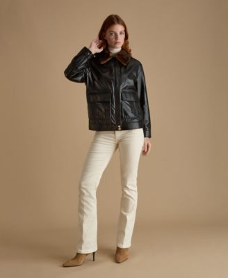 Women's Leather Jacket with Detachable Shearling Collar