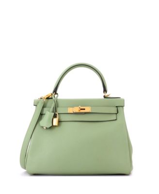 Pre-Owned HERMES Kelly 28 Handbag Green Evercolor with Gold Hardware