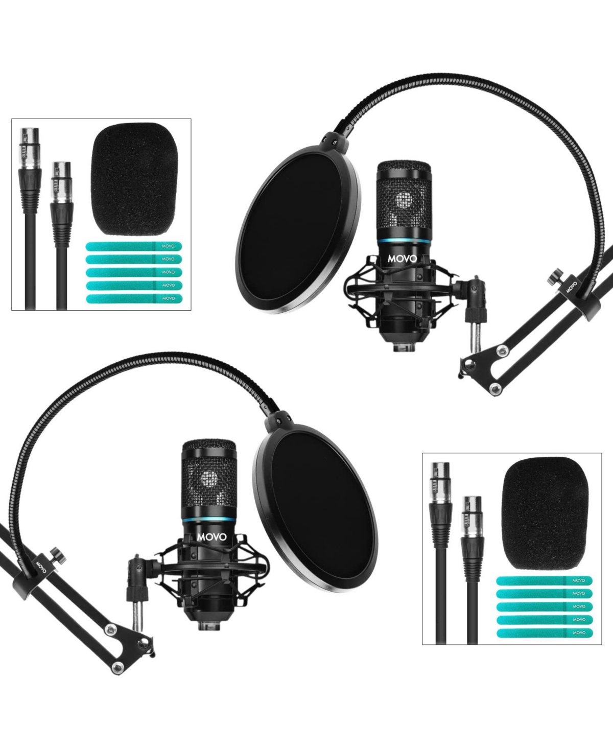 Movo Photo 2-Pack Universal Cardioid Podcasting Microphone Bundle with Articulating Scissor Arm and Pop Filter