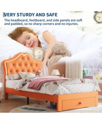Twin Bed Frame with LED Lights, Velvet Crystal Headboard, Upholstered Kids Platform Bed with Drawer