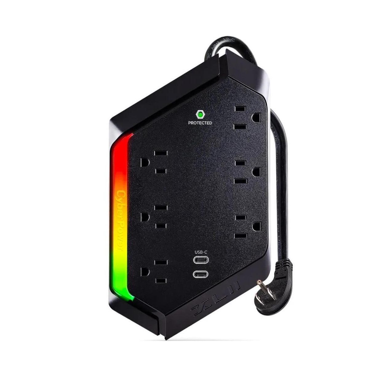 6-Outlet Rgb Surge Strip with Usb-c and Usb Ports for Home Electronics Power Protection