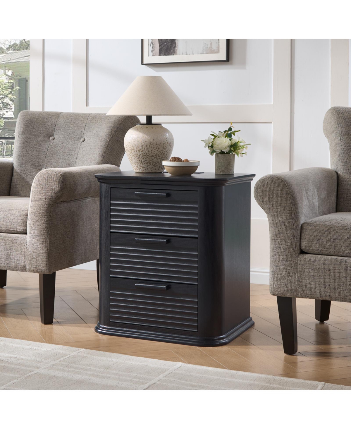 Cesicia Wood 22 in. Fluted Nightstand with Charging Station and 3 Drawer Dresser, Modern End Table for Living Room, Bedroom, Home Office