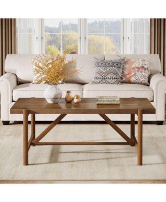 Farmhouse Solid Wood Coffee Table, 47-Inch Rectangular Center Tea Table, Warm Brown