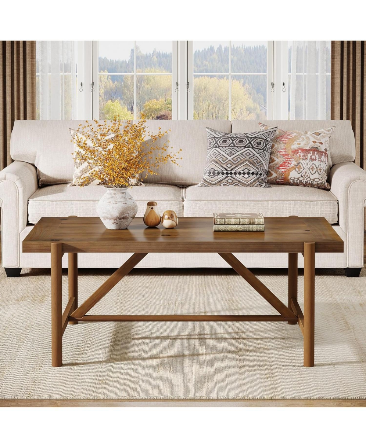Tribesigns Farmhouse Solid Wood Coffee Table, 47-Inch Rectangular Center Tea Table, Warm Brown