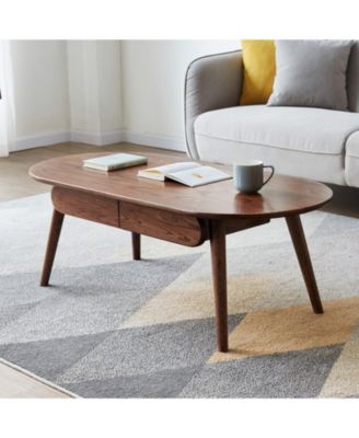 Solid Wood Coffee Table with 2 Drawers, Oval Design & Easy Assembly
