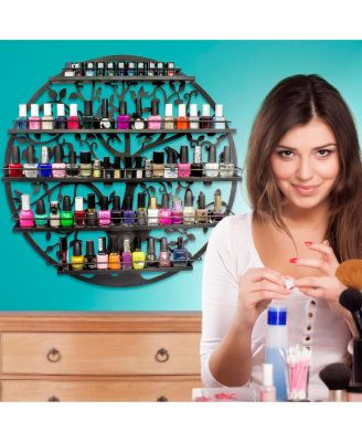 Tree Silhouette Round Metal Wall Mounted 5 Tier Nail Polish Rack Holder