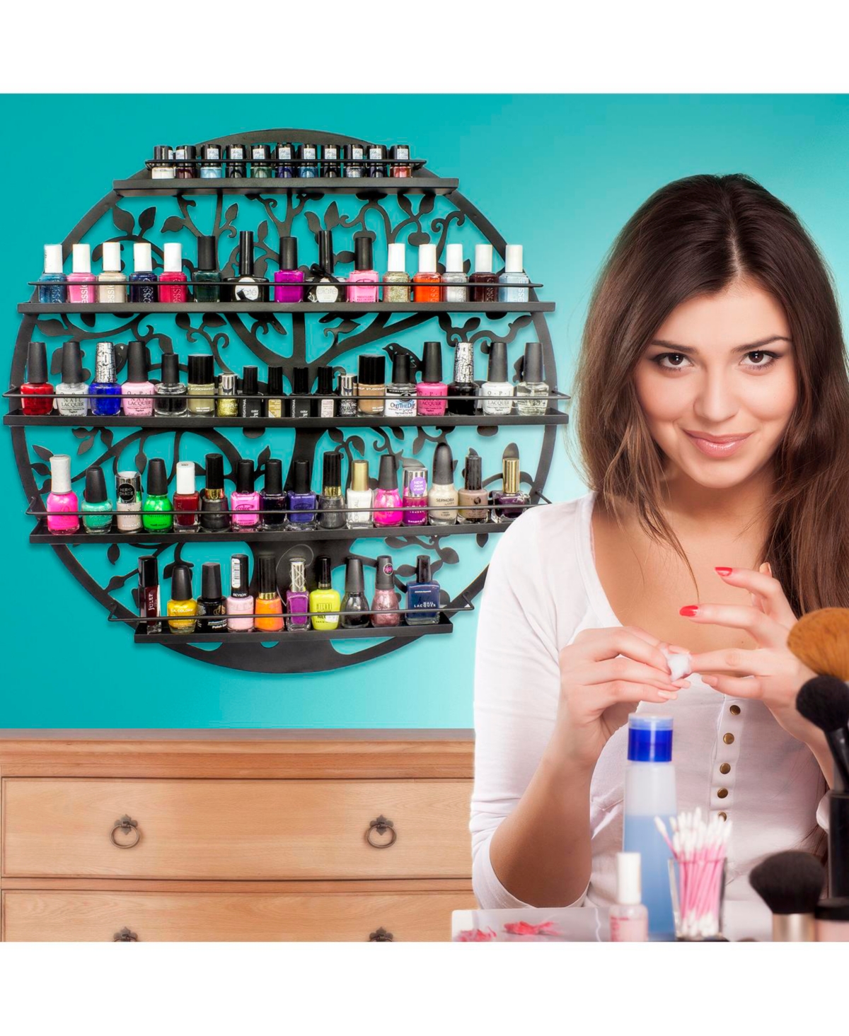 Sorbus Tree Silhouette Round Metal Wall Mounted 5 Tier Nail Polish Rack Holder