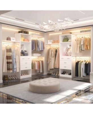 96'' Closet Organizer System with 4 Drawers & Mirror, Heavy Duty Closet System with 3 Shelving Towers & Hanging Rods