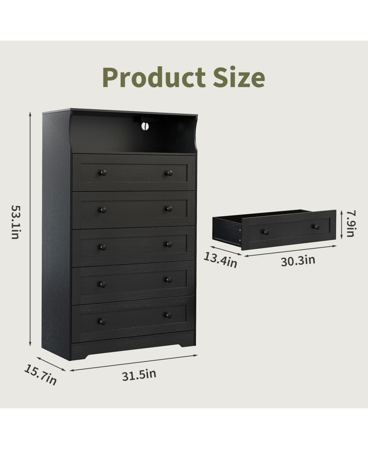 gaomon 5 Drawer Wooden Dressers for Bedroom with Led Lights & Charging Station