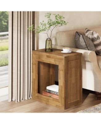 Rustic End Table Set of 2, 2-Tier Wooden Side Table with Sturdy Base, Farmhouse Narrow Nightstand with Storage Shelf