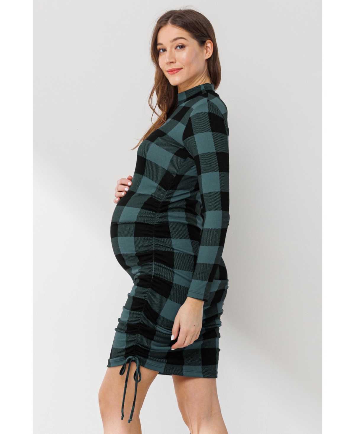 Hello Miz Maternity Bodycon Plaid Side Ruched Long Sleeve Dress