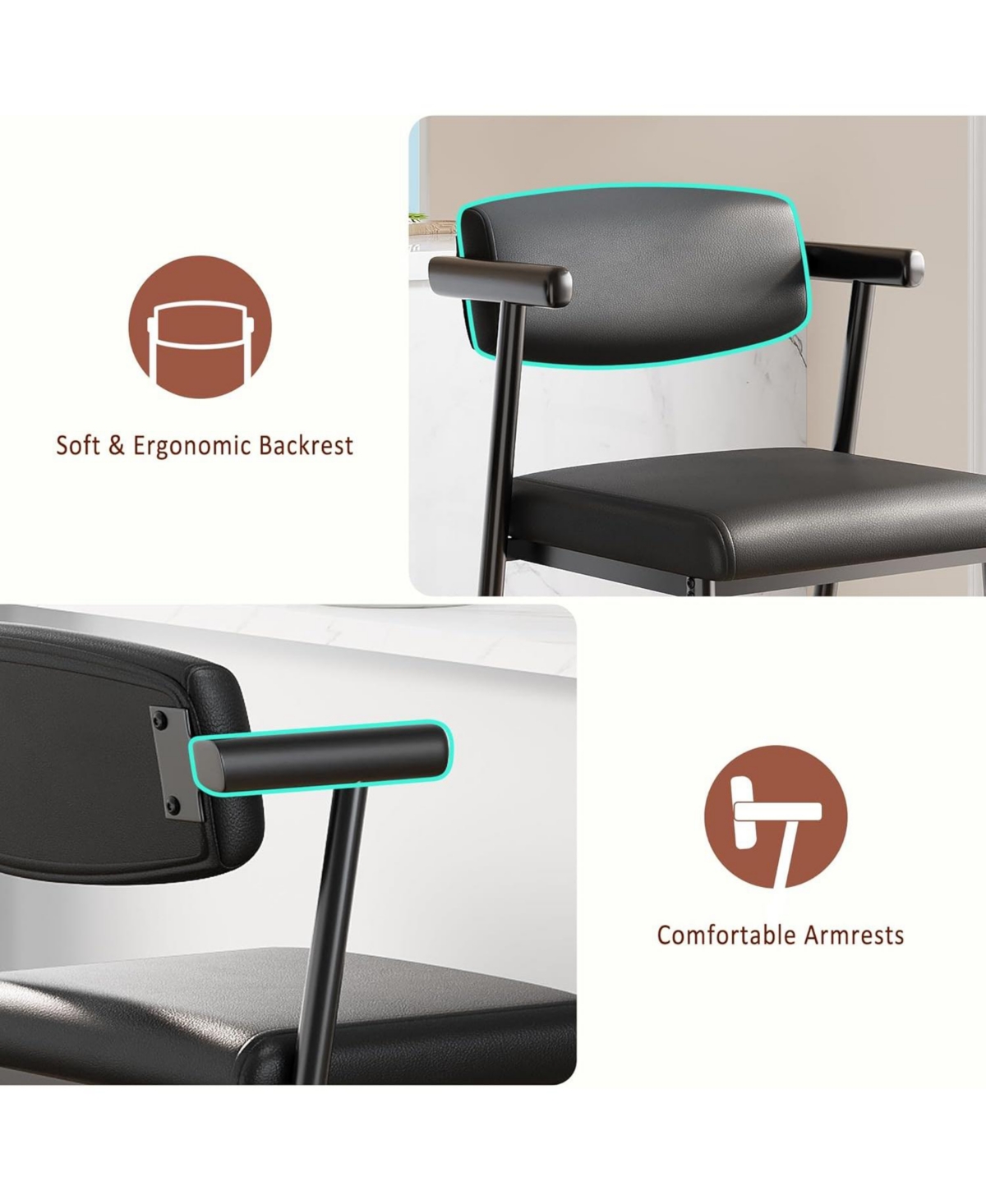 gaomon Bar Stools Set of 2, 26.5 in Upholstered Counter Height Bar Stools for 2 with Armrest, Wider Thickened Cushion, Bar Chairs with Backrest, Black