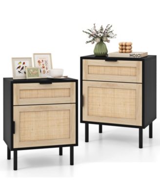 Rattan Nightstand Set of 2 with Drawer and Cabinet