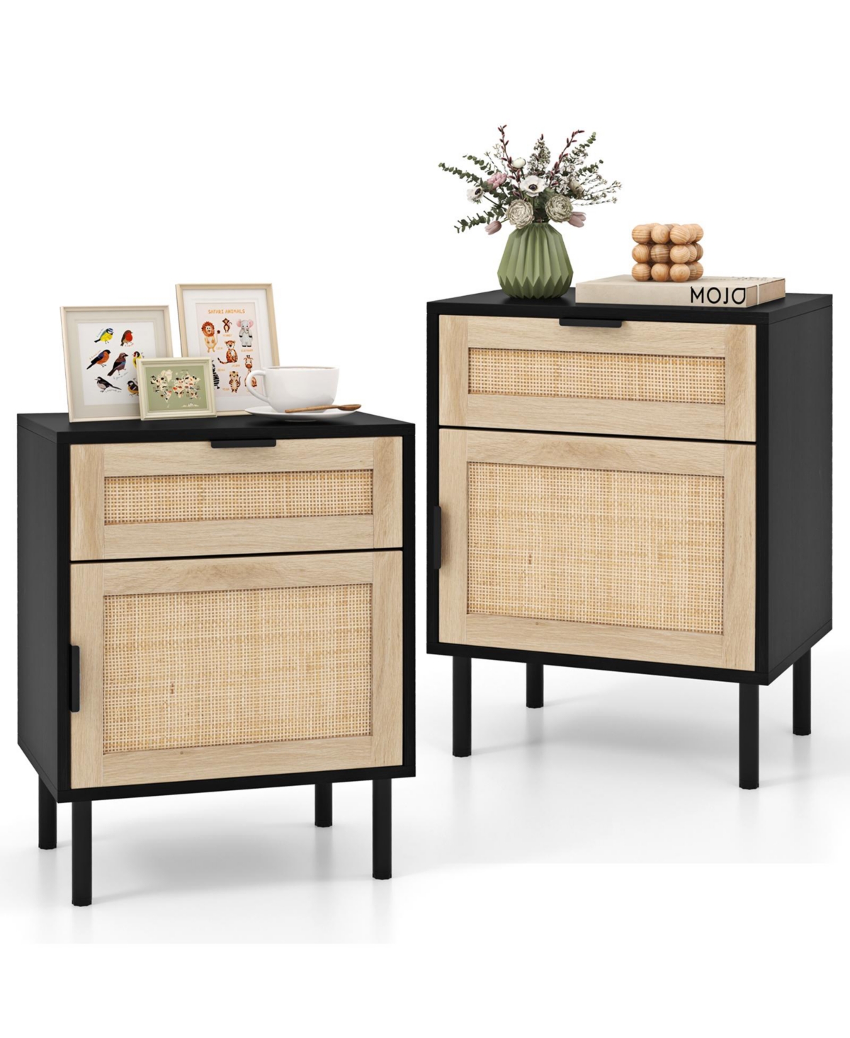 sumyeg Rattan Nightstand Set of 2 with Drawer and Cabinet