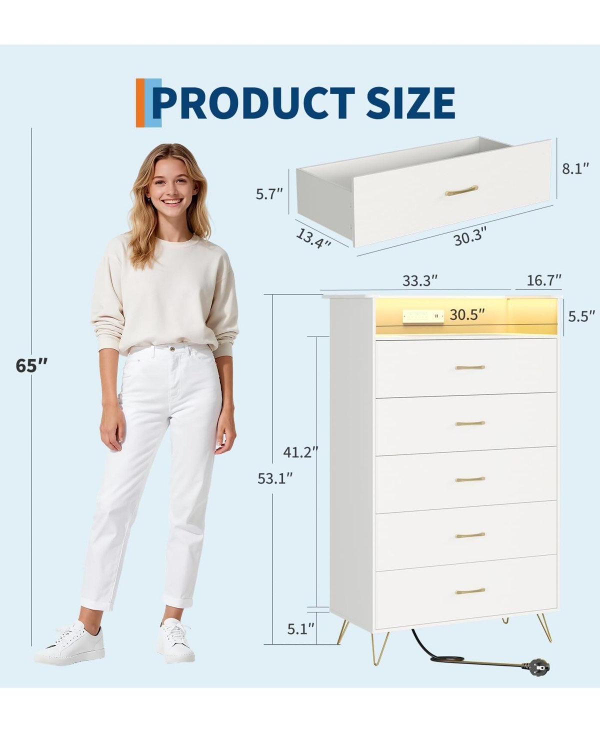 5 Drawer Wooden Dressers for Bedroom with Led Lights & Charging Station