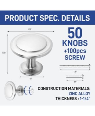 50pcs 1-1/4″ Brushed Nickel Cabinet Knobs – Rust-Proof Zinc Alloy, Modern Design, 100 Screws Included